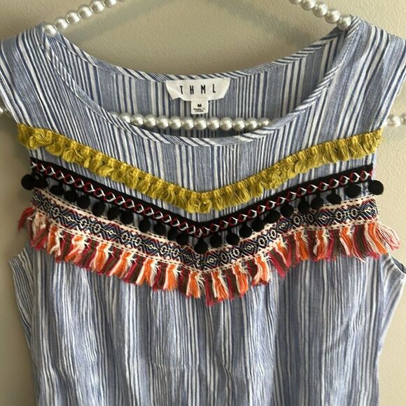 THML Striped Tank Detailed Embroidery Boho Beachy Casual Shirt Top Size Medium - Picture 2 of 5